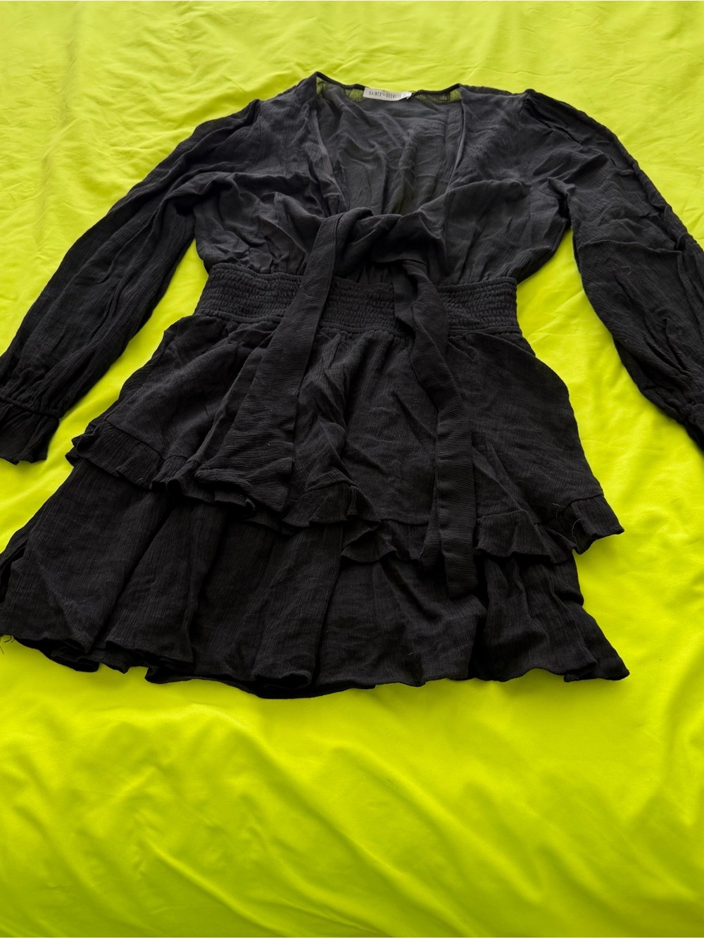 Black Long-Sleeve Tiered Wrap Dress with Smocked Waist